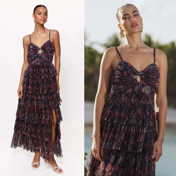 Hutch | NWT Rosey Gown Navy Tropical Garden Tulle Floral Tiered Maxi Dress 0 - Picture 3 of 14